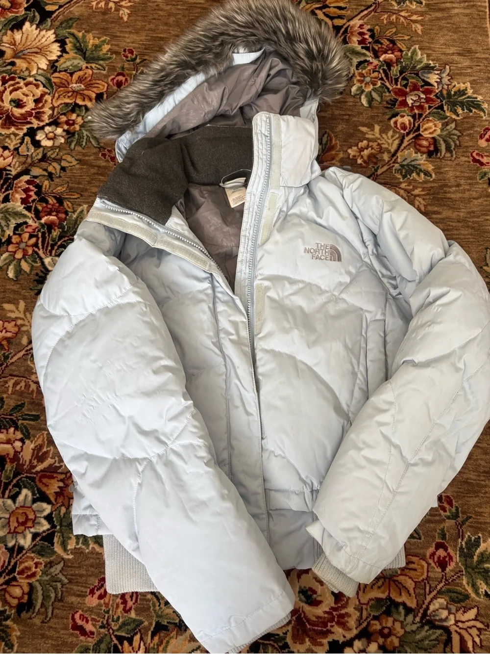 The North Face Pale Blue Down Puffer Jacket with Faux Fur Hood